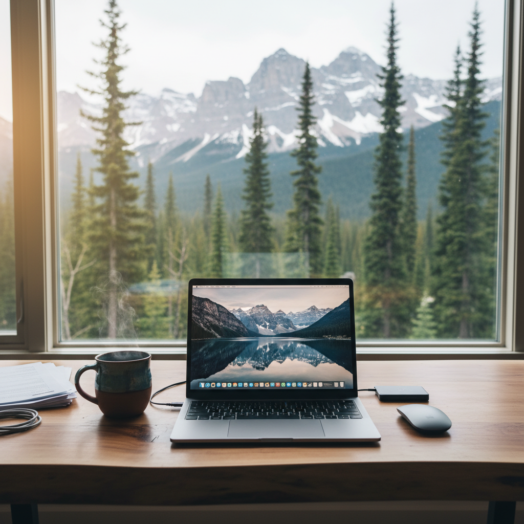 An orderly digital nomad setup on a wide wooden table in a quiet mountain lodge, featuring a slim, open laptop with a serene landscape wallpaper, a wireless mouse, a compact external drive, and a ceramic mug with faint steam rising. The table sits beside a large picture window revealing tall evergreen trees and snow-dusted peaks under a softly overcast sky. Cool, diffused daylight fills the room, complemented by a subtle warm glow from a lamp off-frame, creating balanced, gentle lighting without harsh contrasts. Photographic realism, shot at eye level with moderate depth of field, the workspace in crisp focus and the outdoor scenery slightly softened, conveying a calm, disciplined, professional approach to remote work and peaceful nomad living.
